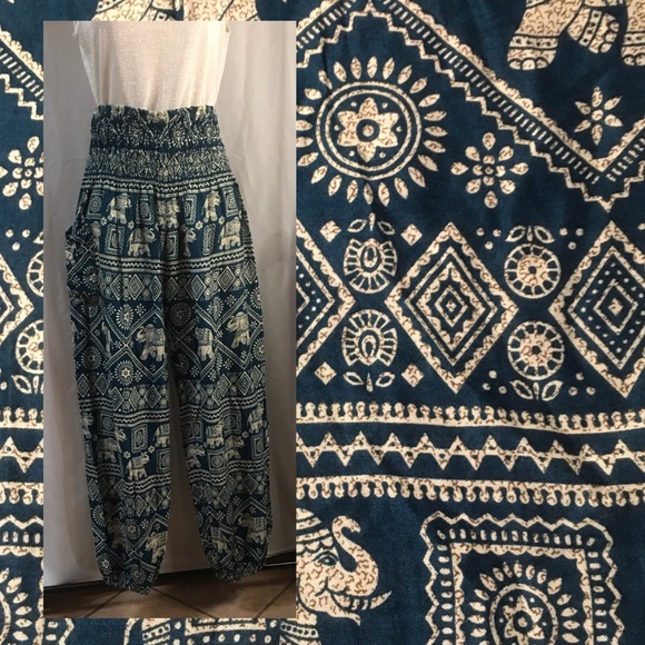 Boho/Gypsy/Harem cotton pants in aqua and cream - Picture 3 of 5